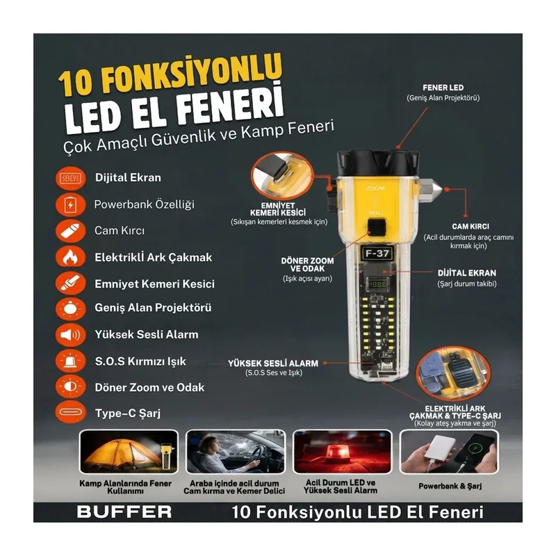BUFFER® 10 Fonksiyonlu LED El Feneri, Çok Amaçlı Taşınabilir Kamp ve Acil Durum Lambası