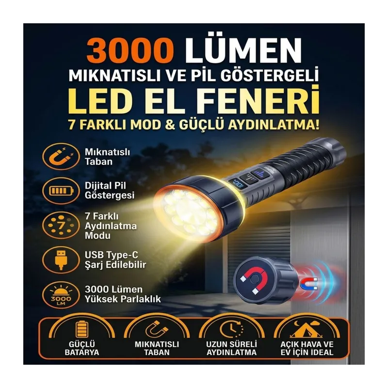 BUFFER® 3000 Lümen Şarjlı Metal Fener, 7 Işık Modlu LED Aydınlatma, Dijital Pil Ekranlı ve Mıknatıs Tabanlı El Feneri