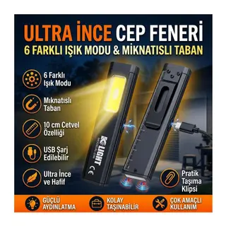 BUFFER® USB Şarjlı 6 Işık Modlu, Tabanı Mıknatıslı Ultra İnce Cep Feneri, 10 cm Cetvel Özellikli Mini LED El Feneri