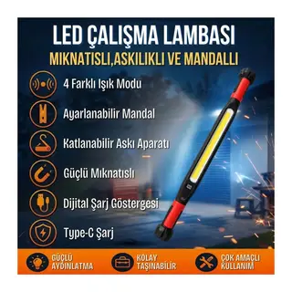 TrdStore® Taşınabilir LED Tamir Lambası, 4 Işık Modlu, Mıknatıslı,Askılıklı ve Mandallı Type-C Güçlü Şarjlı Çalışma Işığı