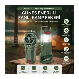 TrdStore® Serinletici Oynar Başlıklı Fanlı Güneş Enerjili,Şarj Edilebilir Çok Fonksiyonlu Asılabilir LED Pil Göstergeli Kamp Feneri