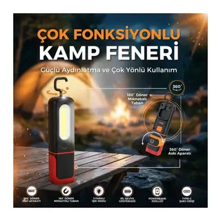 BUFFER® 360°Derece Dönebilen Askı Aparatlı,180°Derece Dönebilen Altı Mıknatıslı 3 Işık Modlu Şarj Pil Göstergeli,Powerbank Özellikli Kamp Feneri