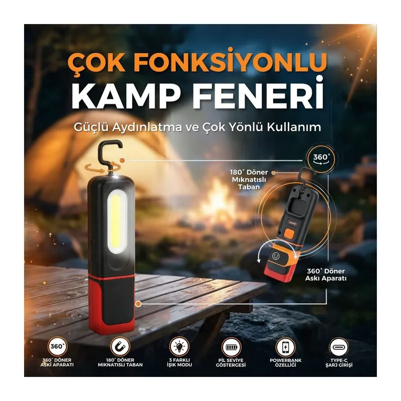 BUFFER® 360°Derece Dönebilen Askı Aparatlı,180°Derece Dönebilen Altı Mıknatıslı 3 Işık Modlu Şarj Pil Göstergeli,Powerbank Özellikli Kamp Feneri