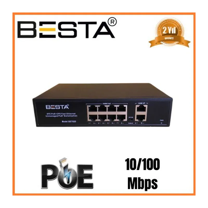 10 PORT POE SWİTCH 10/100 Mbps 8 Port POE BST1020