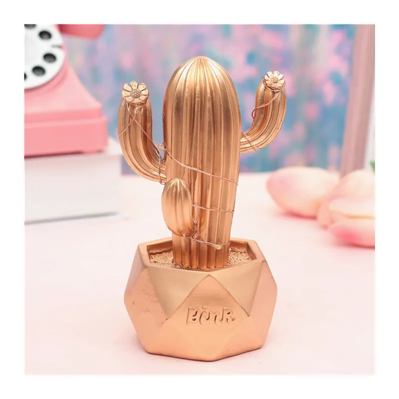 TrdStore® Led Işıklı Sevimli Kaktüs Dekoratif Masa Lambası Mini Biblo Gece Lambası-GOLD