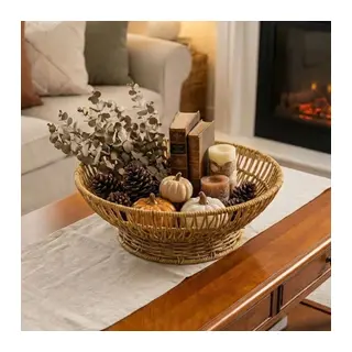 BUFFER® 31 cm Plastik Rattan Servis Çanağı – Doğal Hasır Görünümlü Dekoratif Meyve, Ekmek ve Sunum Kasesi