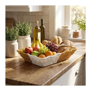 BUFFER® Dikdörtgen Çift Renkli Plastik Rattan Ekmek ve Meyve Sepeti - Çok Amaçlı Banyo ve Mutfak Düzenleyici - Yıkanabilir Tezgâh Üstü Organizer