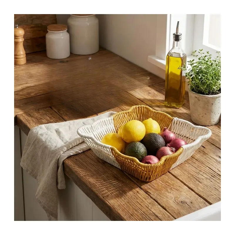 BUFFER® Kare Dalgalı Çift Renkli Plastik Rattan Ekmek ve Meyve Sepeti - Çok Amaçlı Banyo ve Mutfak Düzenleyici - Yıkanabilir Tezgâh Üstü Organizer