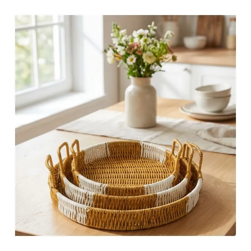 BUFFER® İç İçe Geçebilen 3’lü Yuvarlak Plastik Rattan Tepsi Seti–Çift Renkli Hasır Görünümlü Çok Amaçlı Servis ve Sunum Tepsileri