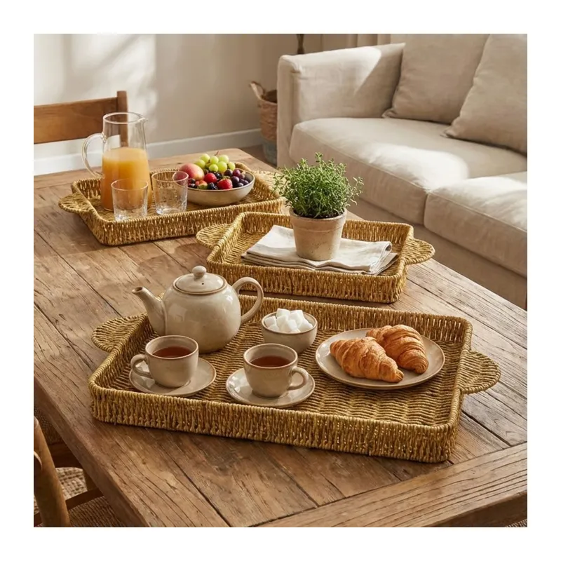BUFFER® İç İçe Geçebilen 3’lü Dikdörtgen Plastik Rattan Tepsi Seti–Hasır Görünümlü Çok Amaçlı Servis ve Sunum Tepsileri