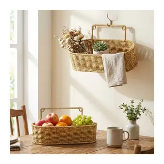 BUFFER® 2’li Duvar Askılı Plastik Rattan Organizer – Oval Hasır Görünümlü Mutfak Raf Sepeti, Banyo ve Ev İçi Düzenleme Ünitesi