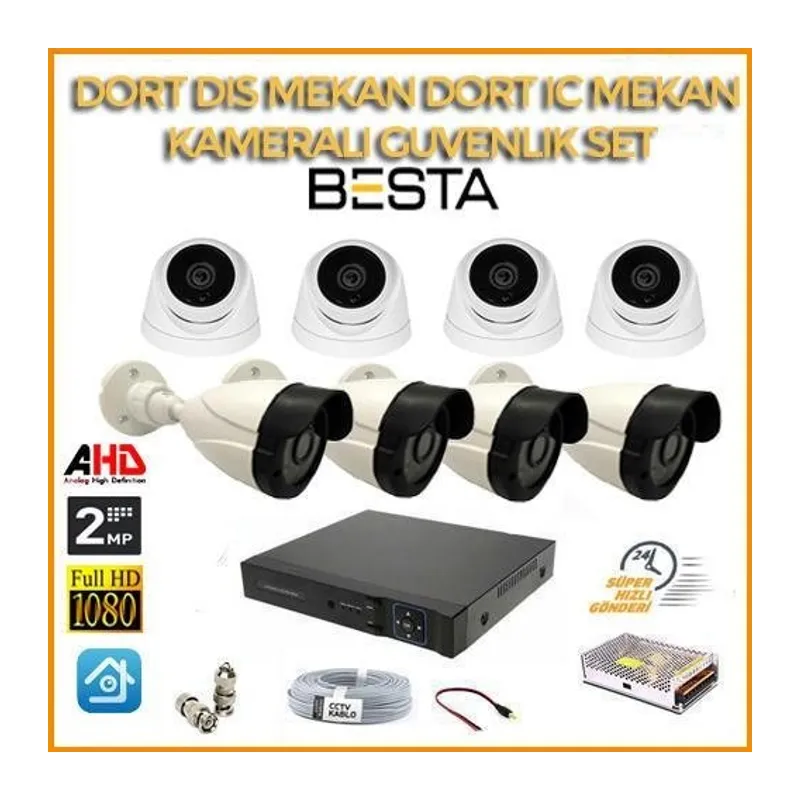 2MP 1080P 4 Dış Mekan 4 İç Mekan Kameralı Ahd Güvenlik Seti