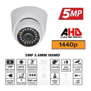 5MP AHD IR CAM 3.6MM 18 SMD LED 1440P Dome Güvenlik Kamerası