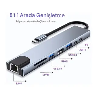 MacBook ve Laptop Uyumlu Çok Fonksiyonlu USB-C Dönüştürücü - Alüminyum Gövdeli Hub