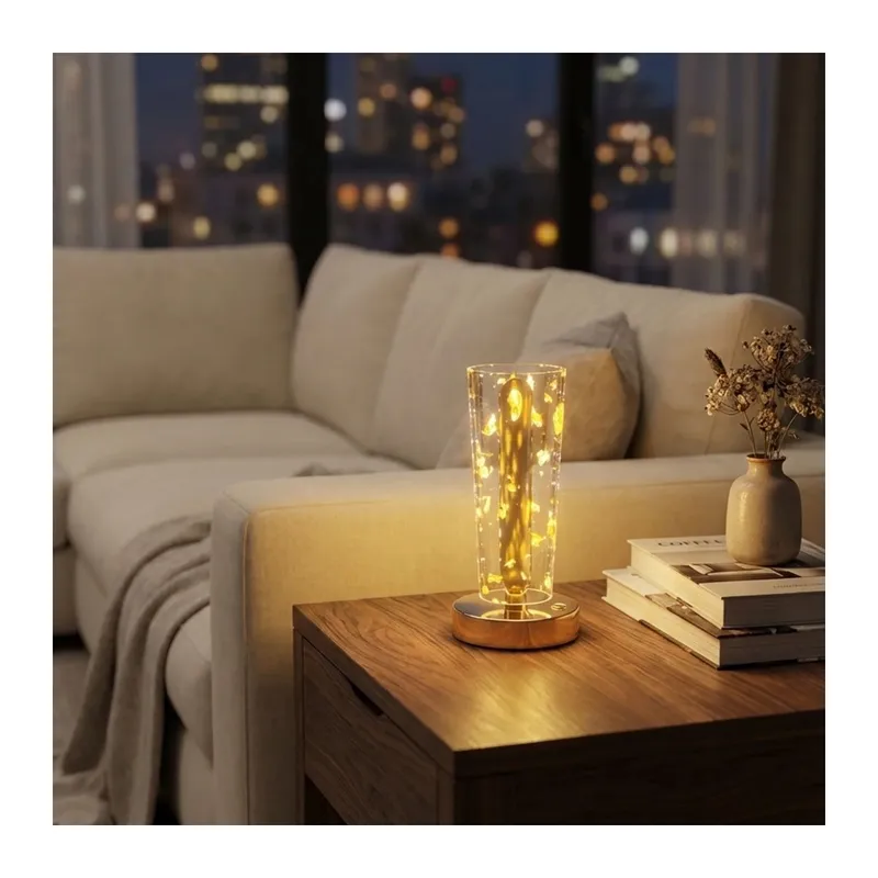 TrdStore® Silindirik Kristal Altın Toz Model LED Masa Lambası – Gold Tabanlı, Dokunmatik, 3 Renk Işık Modlu, Şarjlı Modern Dekoratif Gece Lambası