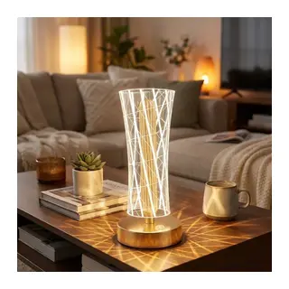BUFFER® Silindirik Kristal Çizgi Model LED Masa Lambası – Gold Tabanlı, Dokunmatik, 3 Renk Işık Modlu, Şarjlı Modern Dekoratif Gece Lambası