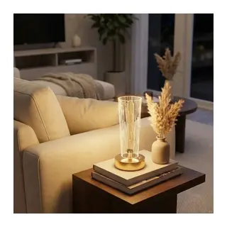 BUFFER® Silindirik Kristal Nokta Model LED Masa Lambası – Gold Tabanlı, Dokunmatik, 3 Renk Işık Modlu, Şarjlı Modern Dekoratif Gece Lambası