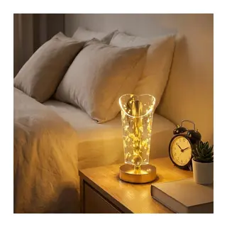 BUFFER® Açık Silindirik Kristal Altın Toz Model LED Masa Lambası – Gold Tabanlı, Dokunmatik, 3 Renk Işık Modlu, Şarjlı Modern Dekoratif Gece Lambası