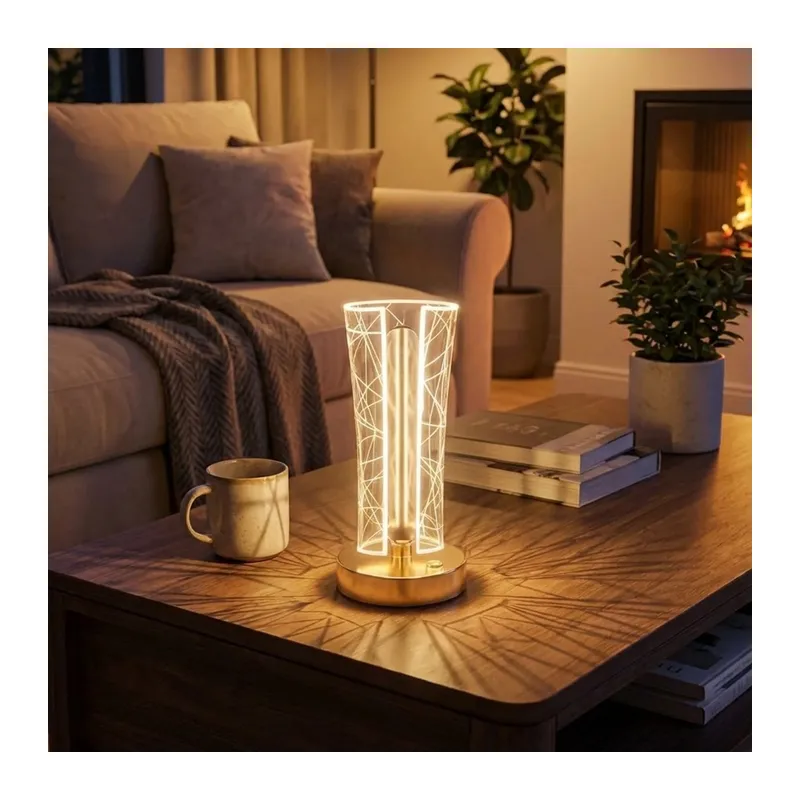 BUFFER® İki Yandan Kavisli Silindirik Geometrik Çizgi Model Kristal LED Masa Lambası – Dokunmatik, 3 Renk Işık Modlu, Şarjlı Dekoratif Gece Lambası