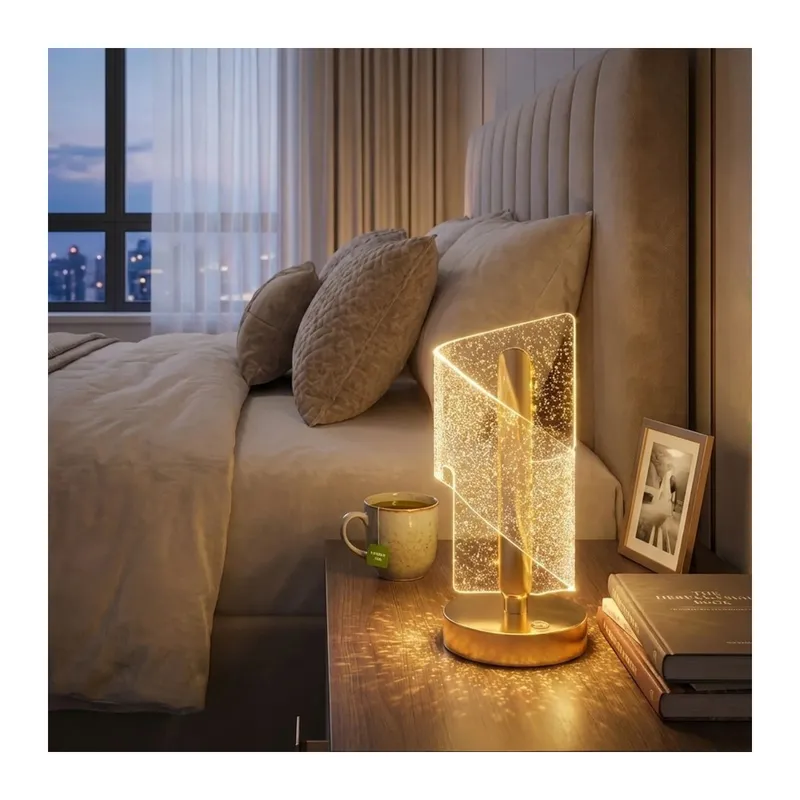 BUFFER® Çapraz Kavisli Kristal Simli LED Masa Lambası – Gold Gövdeli, Dokunmatik, 3 Kademe Işık Ayarlı Şarjlı Dekoratif Lamba
