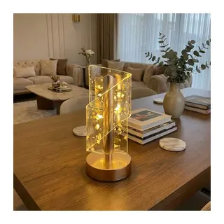 BUFFER® Çapraz Kavisli Kristal Altın Toz Model LED Masa Lambası – Gold Gövdeli, Dokunmatik, 3 Kademe Işık Ayarlı Şarjlı Dekoratif Lamba