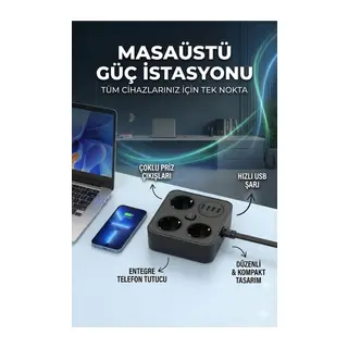 AKIM KORUMALI Avrupa Soket Kartı Tip-C Usb 2 m Uzatma Kablosu Emniyet Anahtarı ile