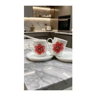 KİRLİNOVA® KIRMIZI ÇİÇEK 2'Lİ PORSELEN FİNCAN TAKIMI
