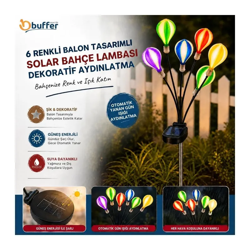 TrdStore Balon Tasarımlı Solar Bahçe Lambası, Renkli Başlıklı Dekoratif Aydınlatma