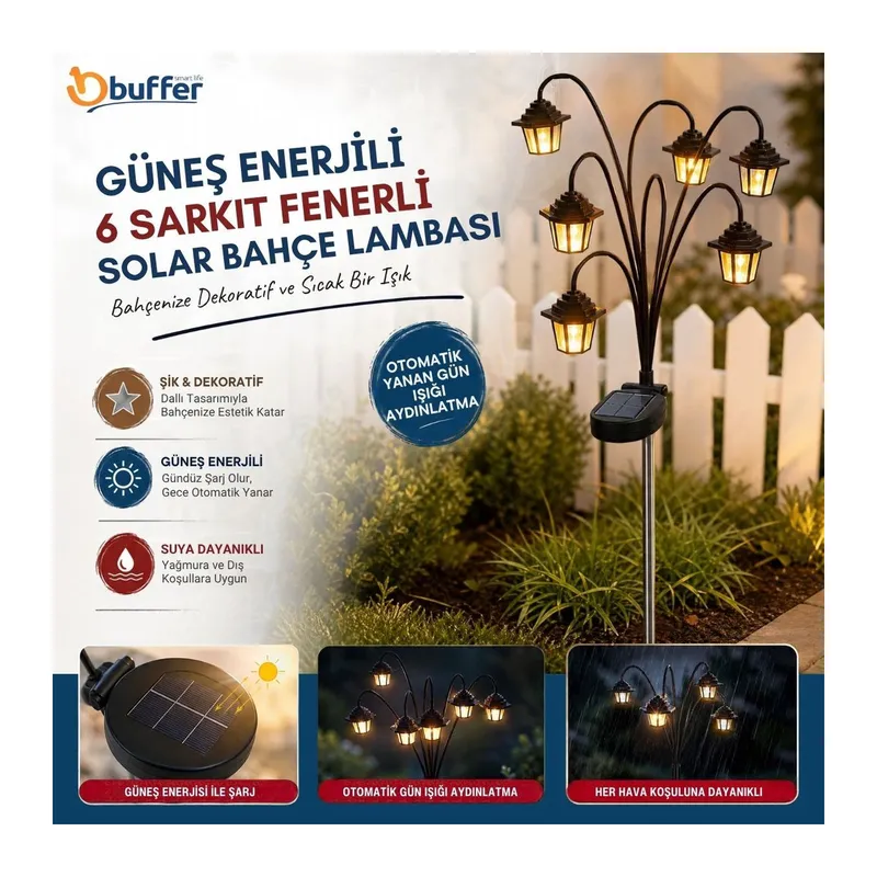 TrdStore® Güneş Enerjili 6 Sarkıt Fenerli Solar Bahçe Lambası, Otomatik Yanan Gün Işığı Aydınlatmalı, Dallı Tasarımlı Dekoratif Dış Mekan Feneri
