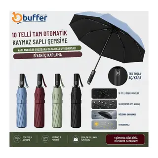 BUFFER® 10 Telli Tam Otomatik Tuşla Açılır Kapanır,Katlanabilir,Rüzgara Dayanıklı,UV Korumalı,Kaymaz Saplı,Siyah İç Kaplamalı,Güçlü İskeletli Şemsiye