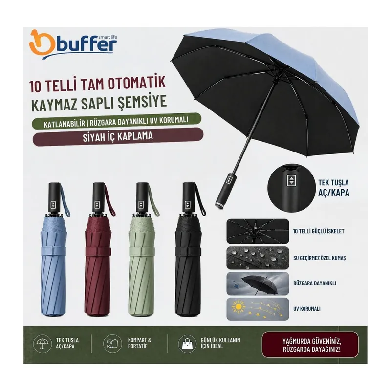 BUFFER® 10 Telli Tam Otomatik Tuşla Açılır Kapanır,Katlanabilir,Rüzgara Dayanıklı,UV Korumalı,Kaymaz Saplı,Siyah İç Kaplamalı,Güçlü İskeletli Şemsiye