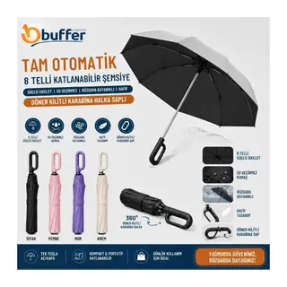TrdStore® 8 Telli Tam Otomatik Katlanabilir,Güçlü İskeletli,Su Geçirmez,Rüzgara Dayanıklı,Hafif, Döner Kilitli Karabina Halka Saplı Şemsiye