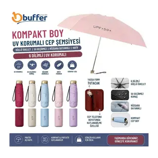 BUFFER® Kompakt Boy Katlanabilir,UV Korumalı,Siyah İç Kaplamalı,6 Dilimli,Su Geçirmez,Rüzgara Dayanıklı,Güçlü İskeletli Taşınabilir Cep Şemsiyesi