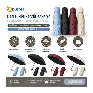BUFFER® 6 Telli Mini Kapsül Şemsiye, UV Korumalı, Su Geçirmez Kumaşlı, Özel Kılıflı Katlanabilir Çanta Boy Seyahat Şemsiyesi