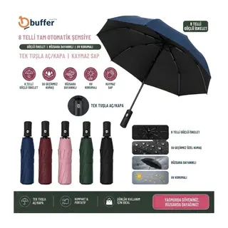 BUFFER® 8 Telli Tam Otomatik Tuşla Açılır Kapanır,Katlanabilir,Rüzgara Dayanıklı,UV Korumalı,Kaymaz Saplı,Siyah İç Kaplamalı,Güçlü İskeletli Şemsiye