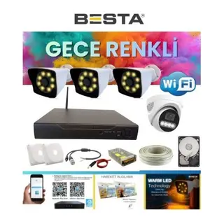 3 Dış 1 Iç 4 Kameralı Gece Renkli Wıfı Ozellikli 500 GB HDD Dahil Güvenlik Kamera Seti