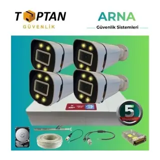 5 Mp 4 Kameralı Gece Renkli Sesli 250GB HDD Dahil Ahd Güvenlik Seti