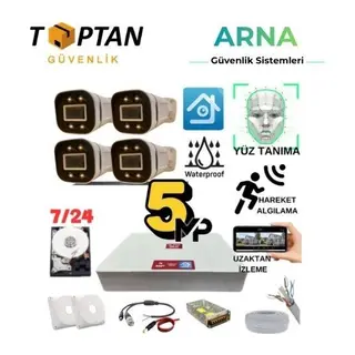 5 Mp Gece Renkli Yüz Tanıma Sesli H.265 500 GB HDD Dahil 4 Kameralı Ahd Güvenlik Seti