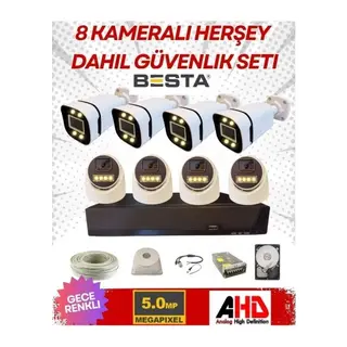 4 Iç 4 Dış 8 Kameralı Gece Renkli Sesli 5 Mp 250 GB HDD Dahil Ahd Güvenlik Kamera Seti