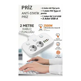Akım Korumalı 2500W Güçlü 3 USB + Type-C Portlu Çoklu Priz | Hızlı Şarj, Çocuk Kilidi, 2 METRE
