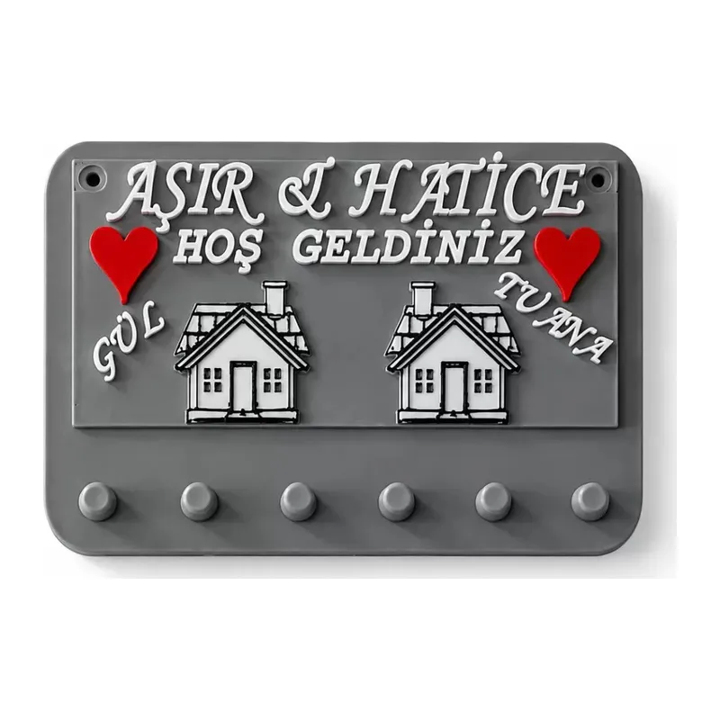 Premium Kişiye Özel Tasarlanabilir House Dekoratif Duvar Anahtarlık Askısı Gri