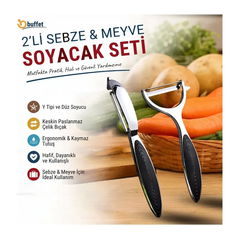 TrdStore® 2’li Sebze ve Meyve Soyacak Seti, Y Tipi ve Düz Soyucu, Patates Havuç Salatalık Soyma Aparatı