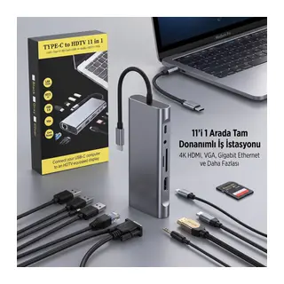 BUFFER® 11 in 1 Type-C Çoklayıcı Hub HDMI 4K USB 3.0 SD TF Kart RJ45 Ethernet Dönüştürücü Adaptör