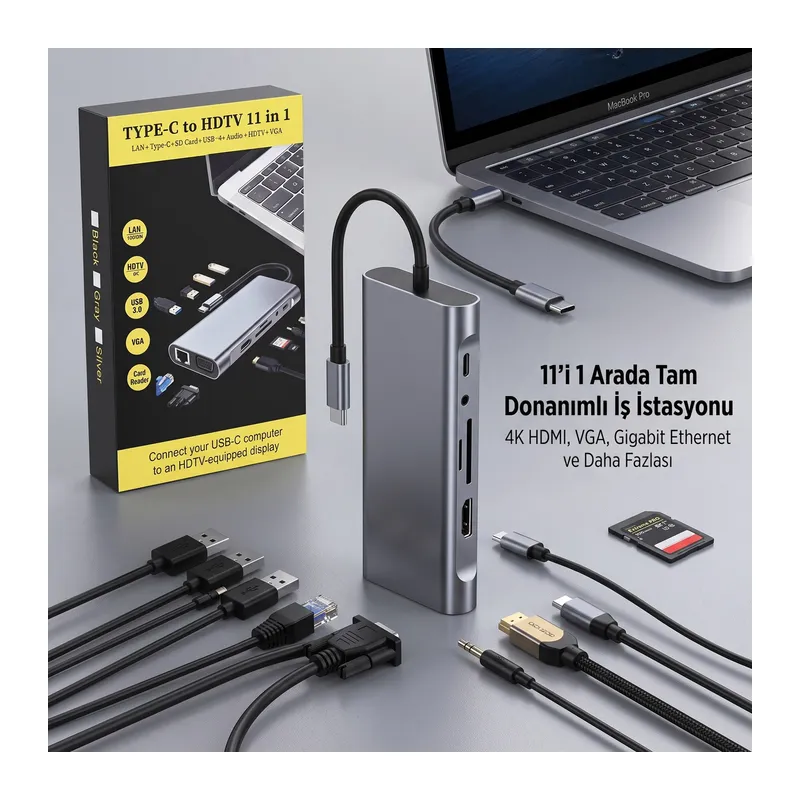 BUFFER® 11 in 1 Type-C Çoklayıcı Hub HDMI 4K USB 3.0 SD TF Kart RJ45 Ethernet Dönüştürücü Adaptör