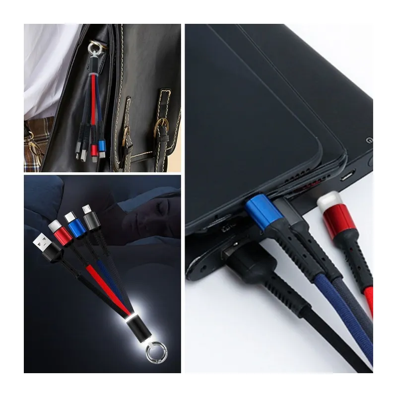 BUFFER® Işıklı Anahtarlık Model 3 in 1 USB Çıkışlı MİKRO,TYPE-C ve İphone Uyumlu Şarj Kablosu