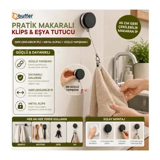 TrdStore® 65 cm Geri Çekilebilir İpli, Metal Tutucu Klipsli ve Güçlü 3m Yapışkanlı Siyah Yuvarlak Pratik Makaralı Klips ve Eşya Tutucu
