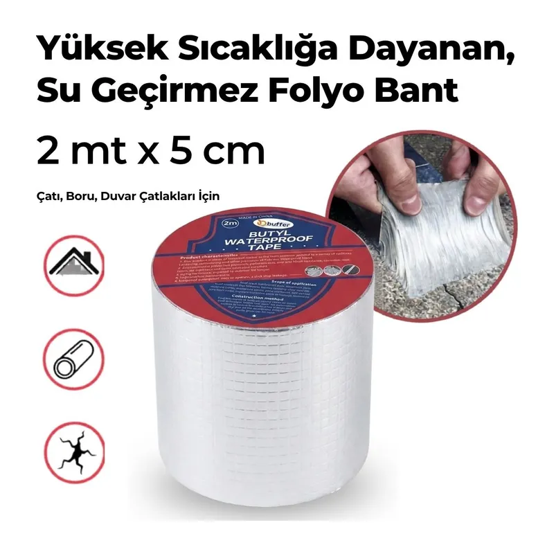 BUFFER® 2 Mt Yüksek Sıcaklık Dayanan Su Geçirmez Çatı Duvar Çatlak Onarıcı Yapışkan Bant Folyo 2 Mt 10 C